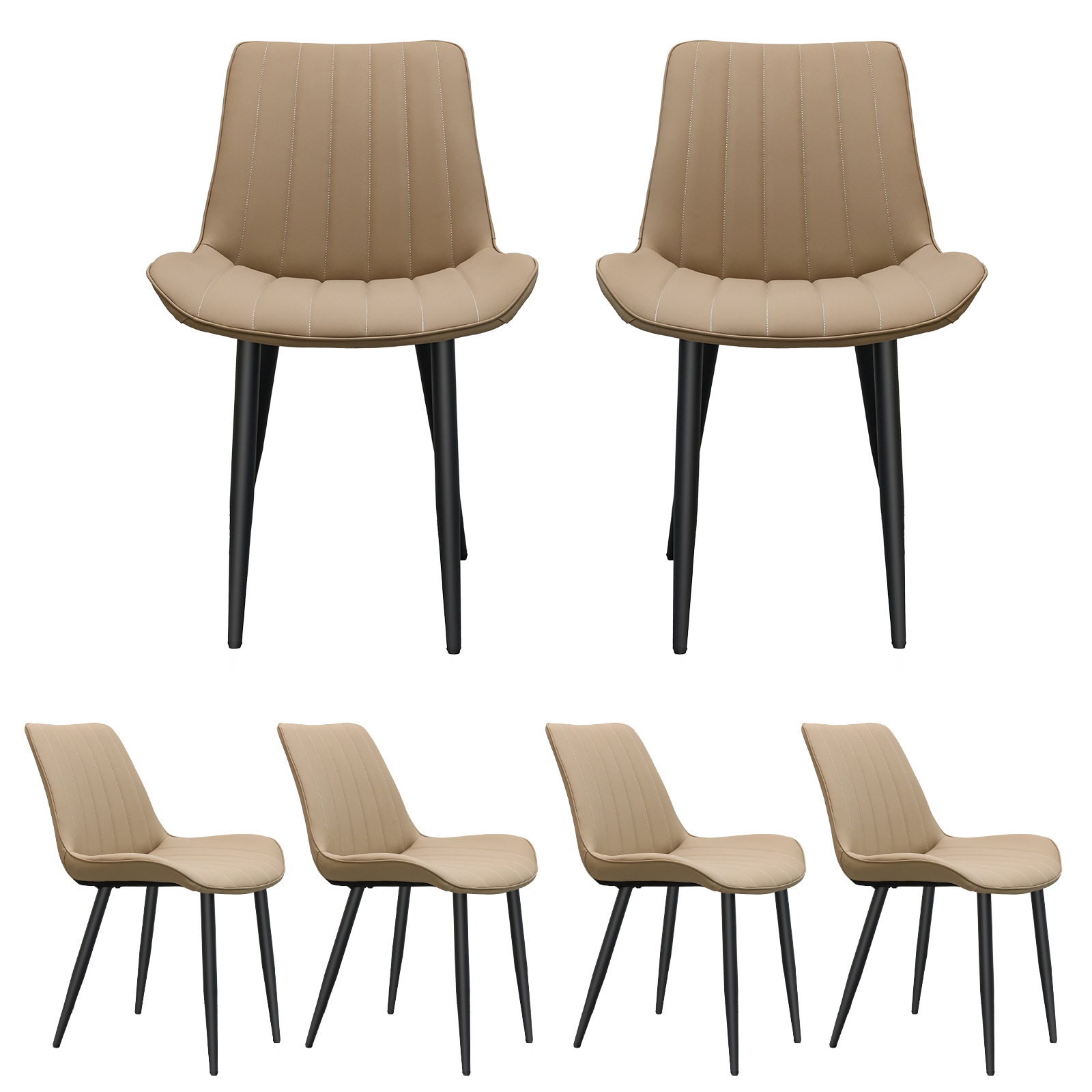 Khaki PU Leather Dining Chair With Metal Legs, Wave Pattern Upholstered Armless Chair Set Of 6 For Kitchen, Restaurant, Living, Meeting Room_voghion.com